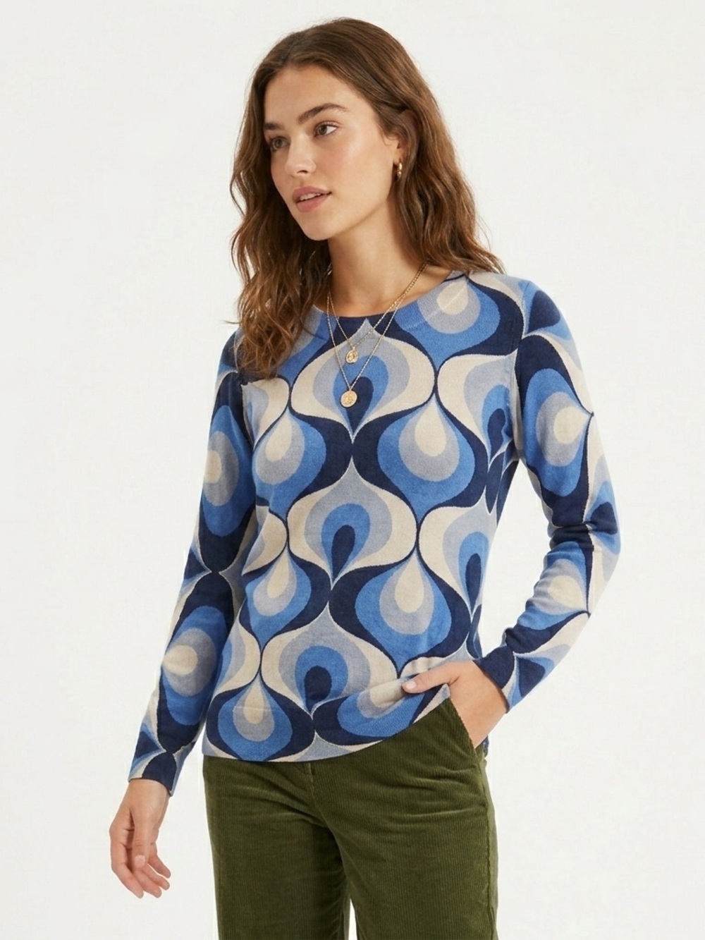 Boden US 8 Blue Geometric Ogee 100% Wool Sweater